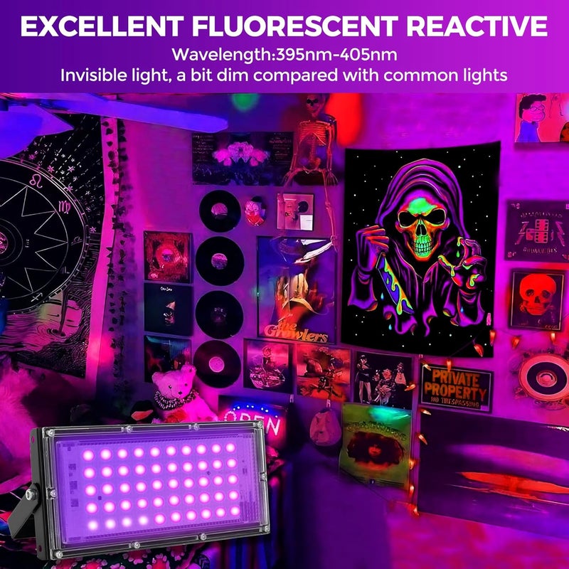 Waygor 50W LED Black Lights for Glow Party, IP65 Waterproof UV Blacklight Floodlight 395nm Black Light Flood Lights Purple Blacklights Spotlight Fluorescent UV Light Lamp for Halloween Decor (2 Pack) - Image 2